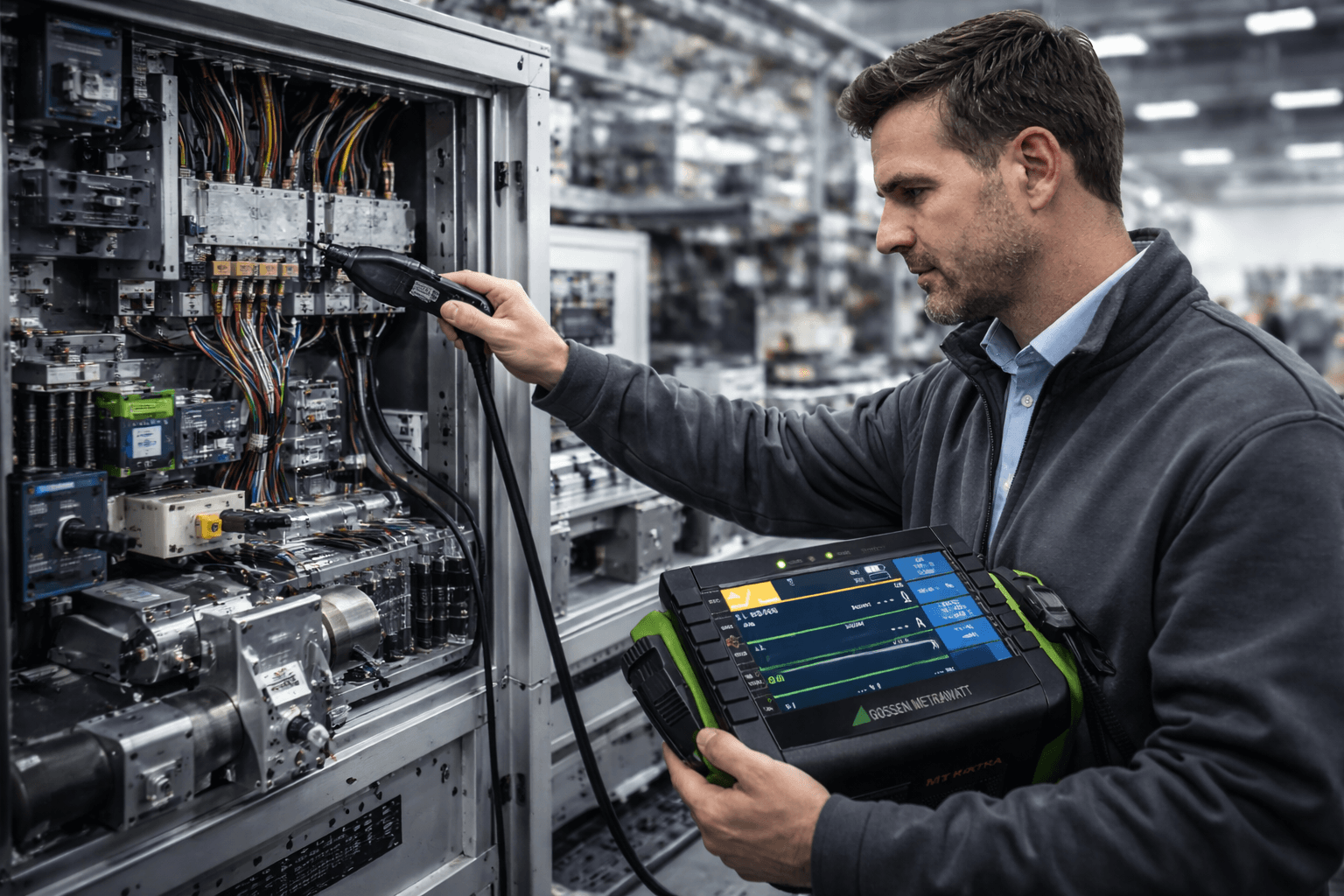 Prüftechniker prüft einen Schaltschrank mit moderner Messtechnik